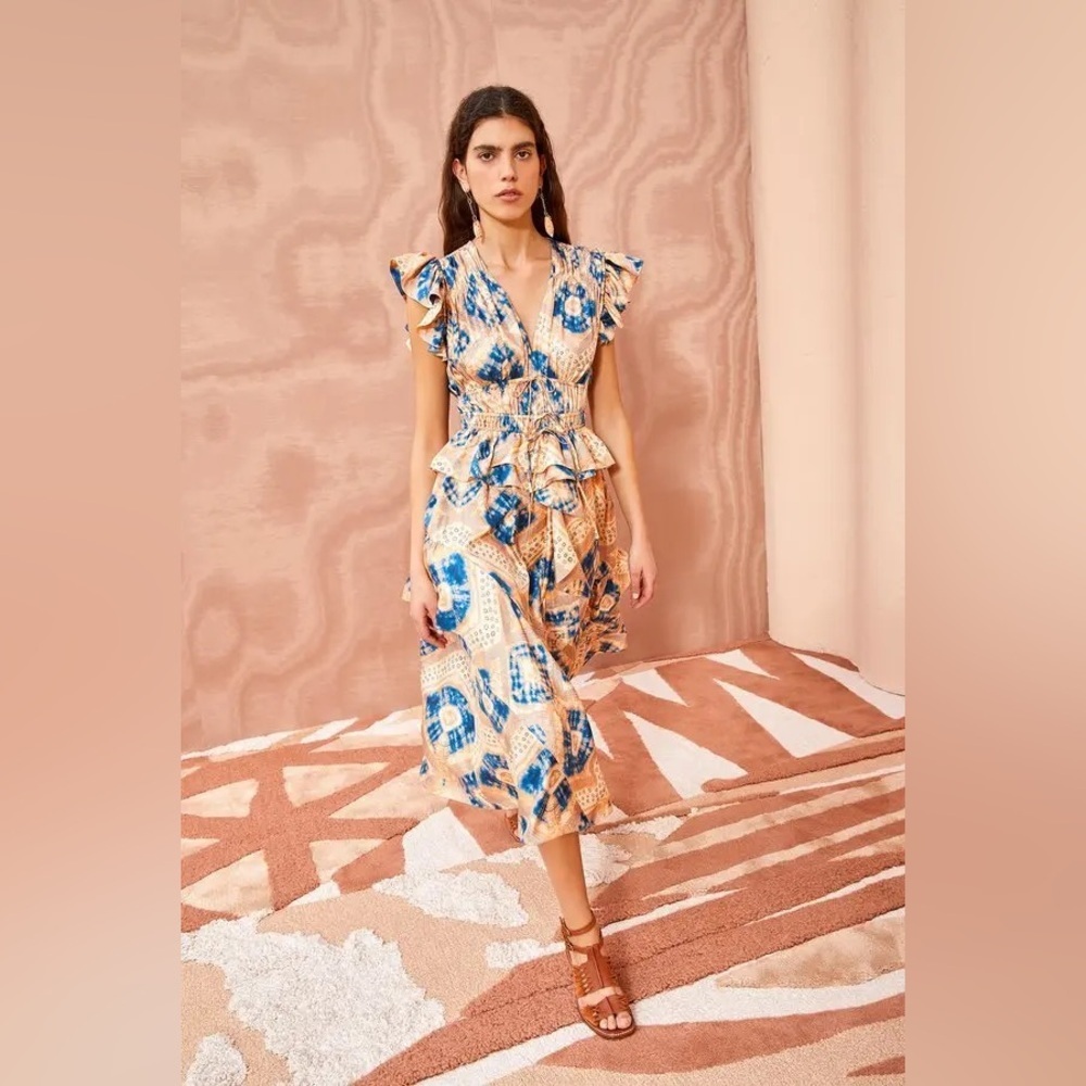 Ulla Johnson Blue and Cream Floral Ruffle Midi Dress